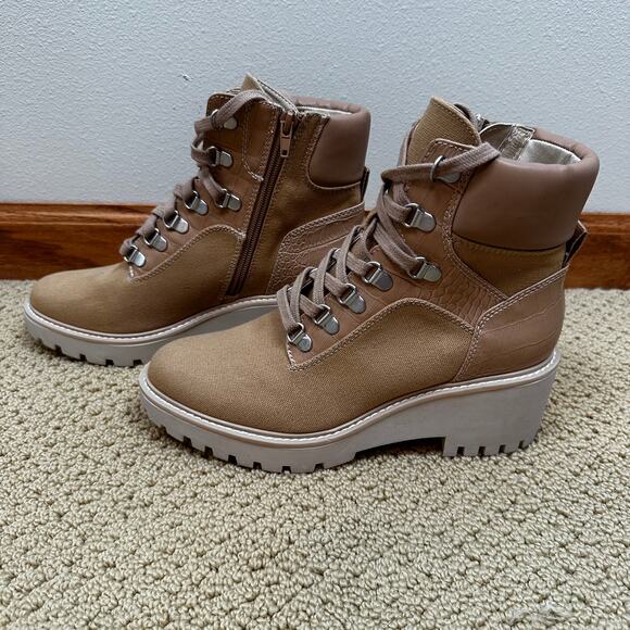 Dolce Vita Hammi Chunky Heel Platform Military Booties Cafe Multi Canvas Tan 7.5 - Picture 4 of 13